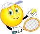 Small clipart image of a yellow smiley-face character holding a tennis racquet and tennis ball.