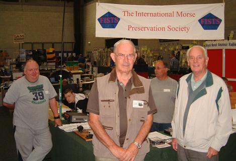 Photograph of Leicester 2009 FISTS stand showing Paul M0BMN, Rob M0BPT/JNR, Alf G3UAA, John M0CDL and Keith G3KYF