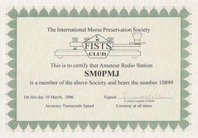 Image of Goeran SM0PMJ's membership certificate, the very last one signed by Geo G3ZQS.