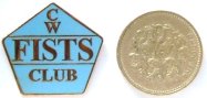 Large photograph of FISTS Badge alongside UK 1 pound coin Large photograph of FISTS Badge alongside UK 1 pound coin