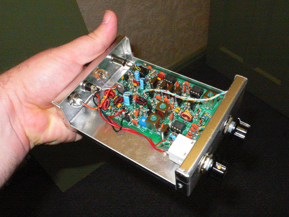 Photograph of PCB fitted in case and wired to controls