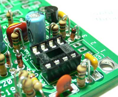 Photograph of IC socket for Q1 mounted on PCB