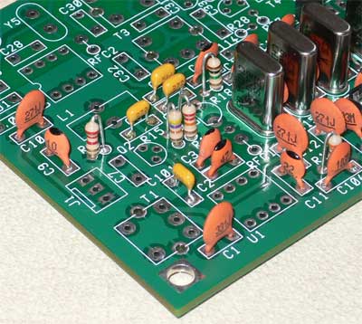 Photograph of PCB with receiver section capacitors fitted